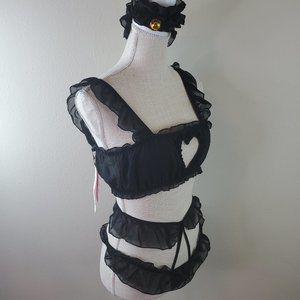 ROMWE Womens Black Kawaii Cut Out Ruffle Trim Lingerie Set & Choker